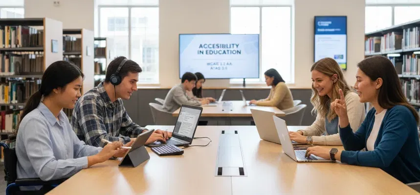 Quatro estudantes em uma biblioteca.