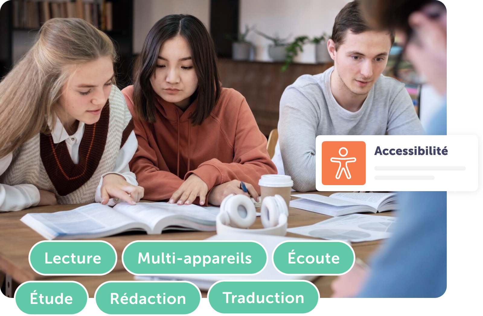 Étudiants collaborant sur des supports d'étude avec un focus sur les fonctionnalités et outils d'accessibilité.
