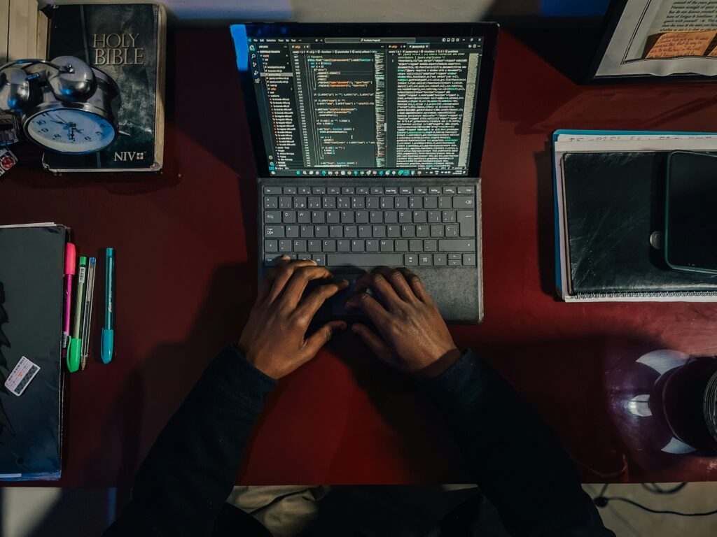 A person creating content on a computer.