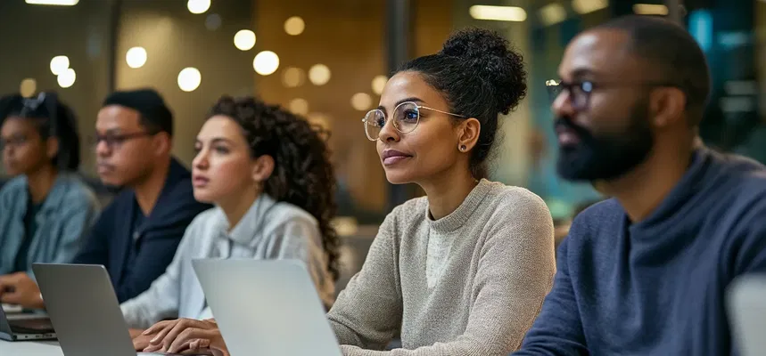 Cena imersiva de e-learning com adultos diversos utilizando laptops.