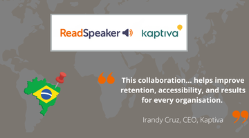 Image showing map of Brazil and the logos of ReadSpeaker and Kaptiva, representing new partnership agreement.