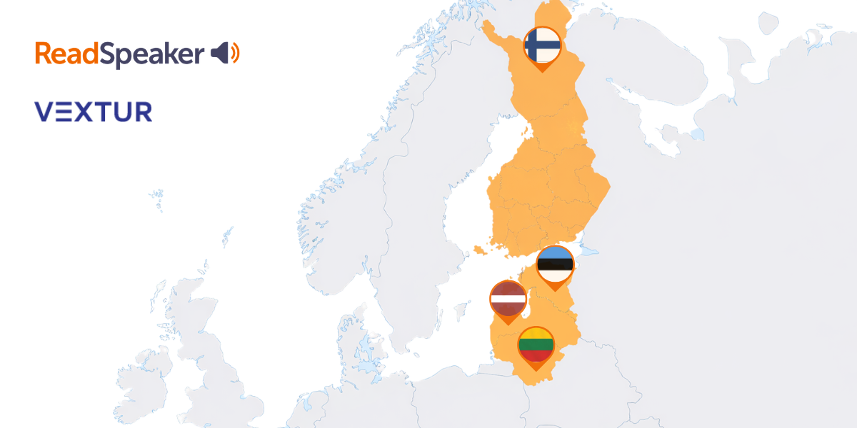 Image showing map of Baltics and Finland, including logos of ReadSpeaker and Vextur.