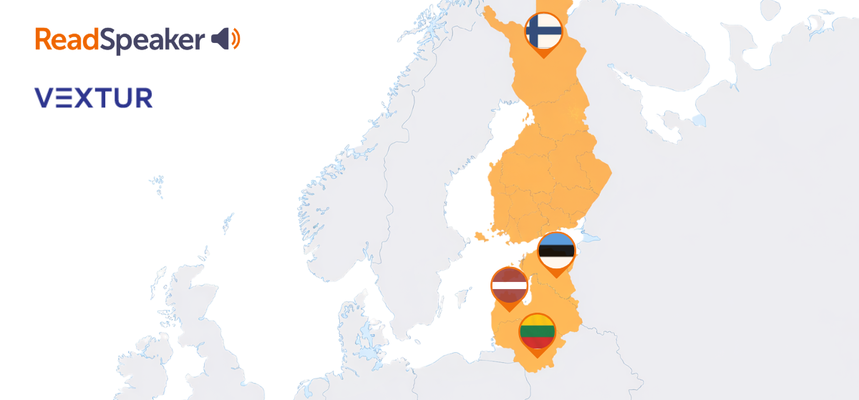 Image showing map of Baltics and Finland, including logos of ReadSpeaker and Vextur.