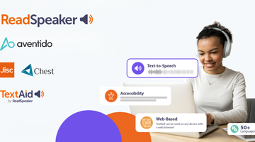 Image shows student sitting working a laptop, while wearing headphones. Text boxes around her highlight the phrases accessibility and text to speech.