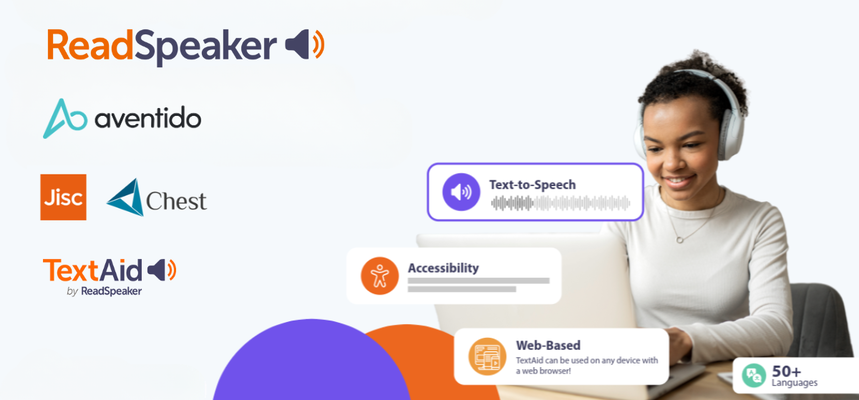 Image shows student sitting working a laptop, while wearing headphones. Text boxes around her highlight the phrases accessibility and text to speech.