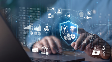 A wide horizontal banner displays a high-tech, digital concept of secure data management. In the foreground, a person's hands are visible using a laptop, with one finger pointing toward a glowing blue shield icon that contains various symbols, including a key, Euro coins, a medical caduceus, and a heart monitor. This central icon represents an integrated personal portfolio. Surrounding the shield is a circular network of smaller icons representing different areas of digital data, such as a doctor, medicine bottles, a bank, and credit cards. The left side features a stack of bar and pie charts next to a currency stack with a Euro symbol. The right side includes the text 'EUROPEAN DATA COMPLIANCE 2026' above a microscope and a folder with a cross and a medical snake symbol. The entire image is overlaid with layers of binary code and data visualizations against a deep blue background.