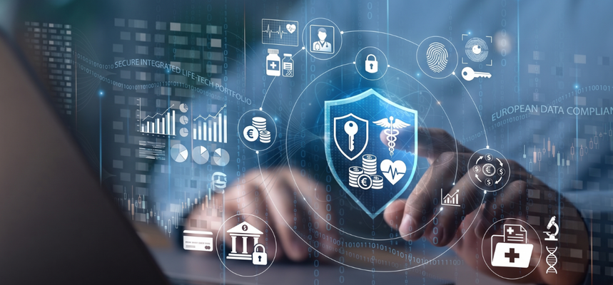 A wide horizontal banner displays a high-tech, digital concept of secure data management. In the foreground, a person's hands are visible using a laptop, with one finger pointing toward a glowing blue shield icon that contains various symbols, including a key, Euro coins, a medical caduceus, and a heart monitor. This central icon represents an integrated personal portfolio. Surrounding the shield is a circular network of smaller icons representing different areas of digital data, such as a doctor, medicine bottles, a bank, and credit cards. The left side features a stack of bar and pie charts next to a currency stack with a Euro symbol. The right side includes the text 'EUROPEAN DATA COMPLIANCE 2026' above a microscope and a folder with a cross and a medical snake symbol. The entire image is overlaid with layers of binary code and data visualizations against a deep blue background.