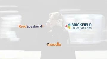 Blurred photograph of a woman putting on headphones in a library, overlaid with the ReadSpeaker logo on the left, the Brickfield Education Labs logo on the right and the Moodle logo below them.