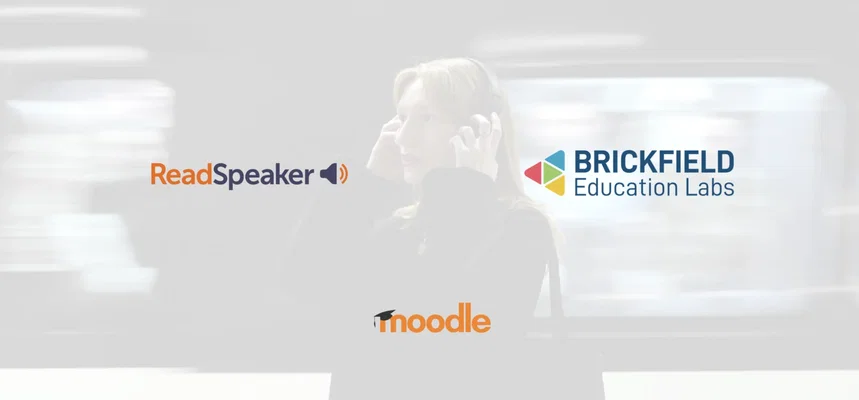 Blurred photograph of a woman putting on headphones in a library, overlaid with the ReadSpeaker logo on the left, the Brickfield Education Labs logo on the right and the Moodle logo below them.