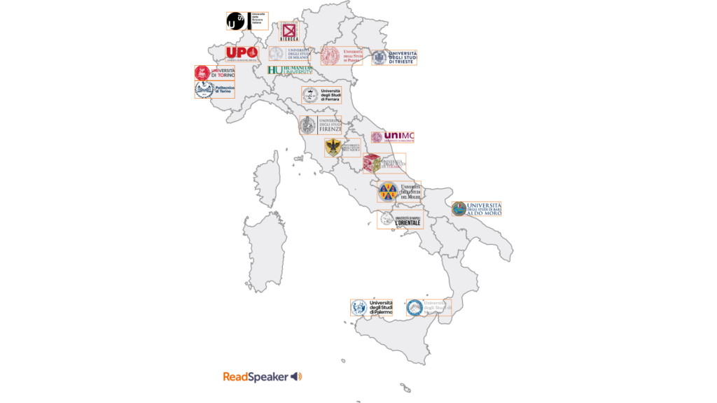 Outline map of Italy with the crests of the universities that work with ReadSpeaker placed on their regions, from Torino, Milano, Padova and Trieste in the north down to Napoli, Bari, Palermo and Messina in the south.