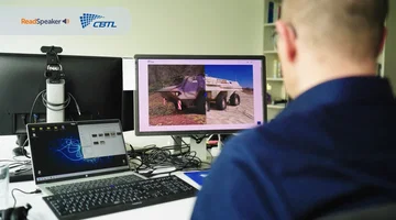 Seen from behind, a person at a desk works on a laptop while a large monitor beside it shows a three-dimensional model of an armoured military vehicle in two different environments. The ReadSpeaker and CBTL logos sit in a white rounded box in the top left corner.