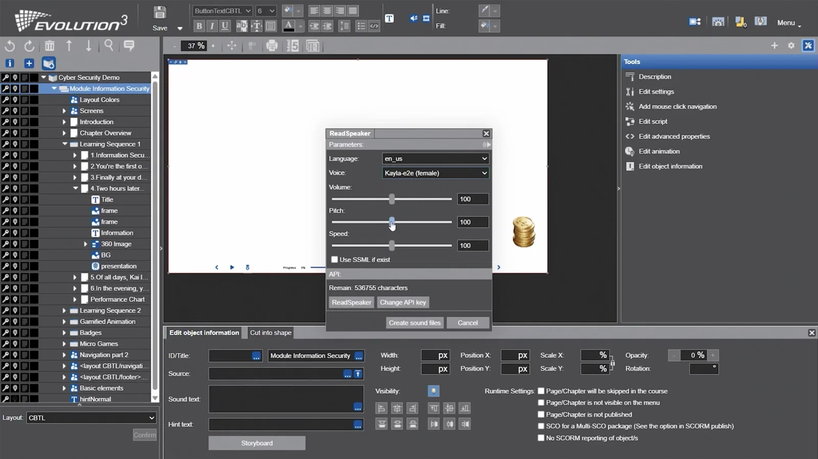 The EVOLUTION³ authoring interface, with the course structure tree on the left and the ReadSpeaker parameters dialog open in the centre: Language set to en_us, Voice set to Kayla-e2e female, and Volume, Pitch and Speed each at 100.