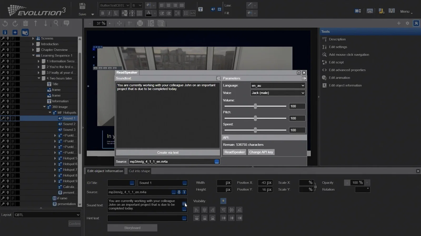 The EVOLUTION³ authoring interface in its dark theme, with the ReadSpeaker dialog open. The sound text box reads “You are currently working with your colleague John on an important project that is due to be completed today”, with Language set to en_au and Voice set to Jack male.