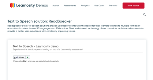 Zrzut ekranu strony demonstracyjnej rozwiązania do zamiany tekstu na mowę ReadSpeaker na platformie Learnosity.