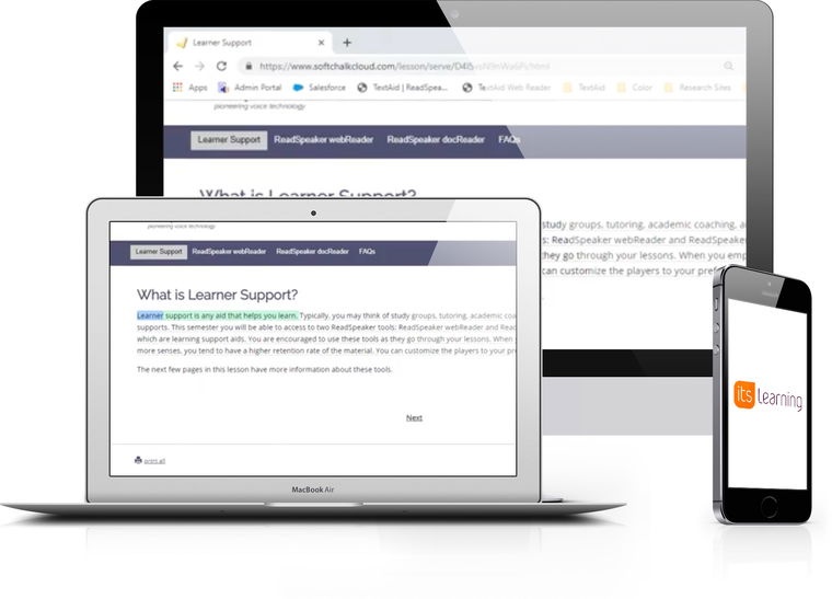 Computer and smartphone screens that show text to speech in Itslearning LMS.